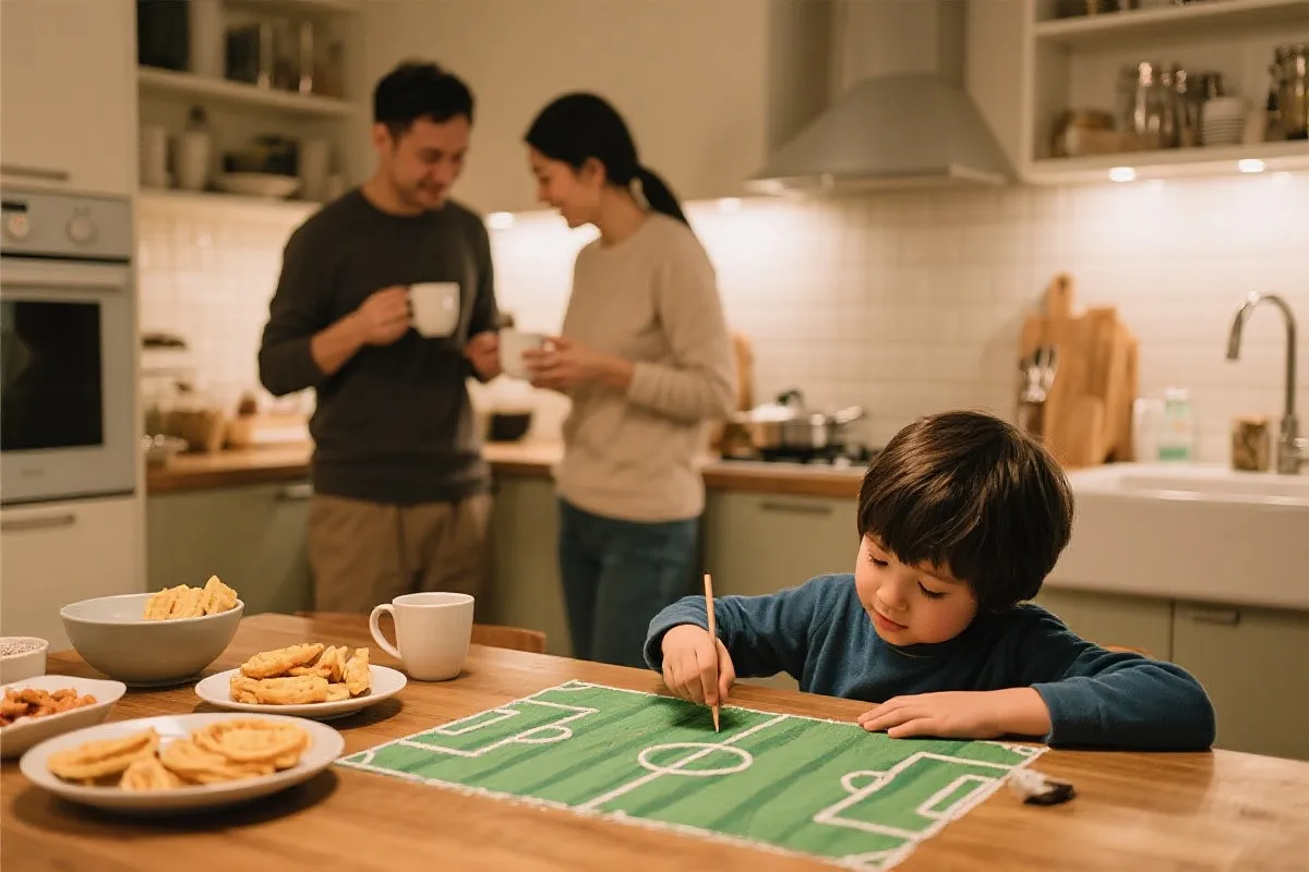 中场休息时伴侣在厨房准备热饮，孩子在桌上画出足球场示意图