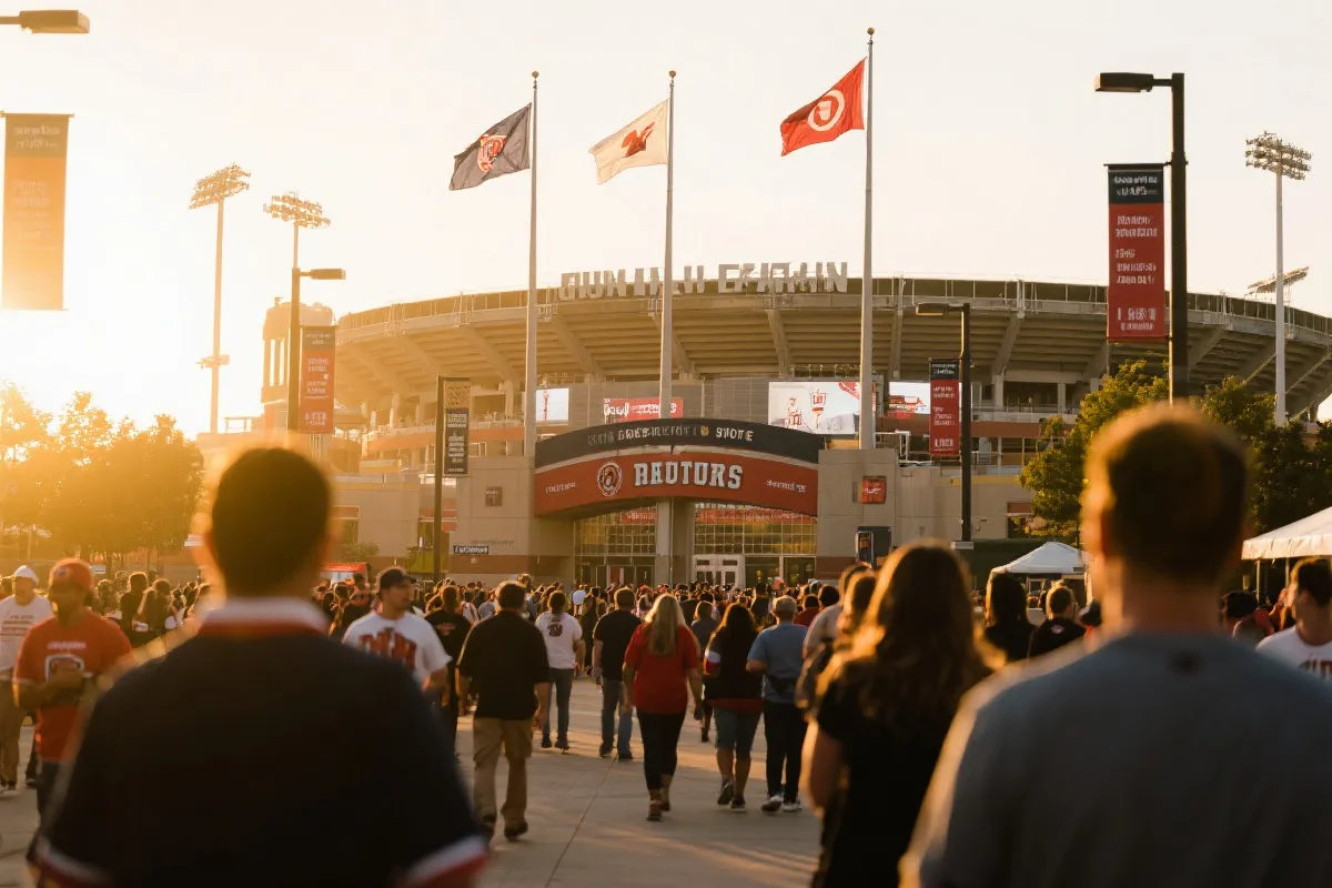 球迷广场的人流朝球场入口移动，前景旗帜和指示牌，长焦压缩空间，傍晚氛围